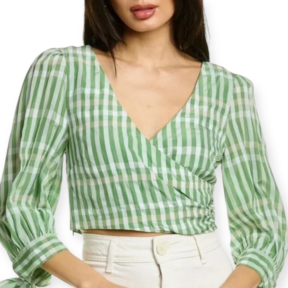 Cinq‎ a Sept Flora NWT Wrap Blouse Green Gingham Tie Sleeve Cropped Top size XS